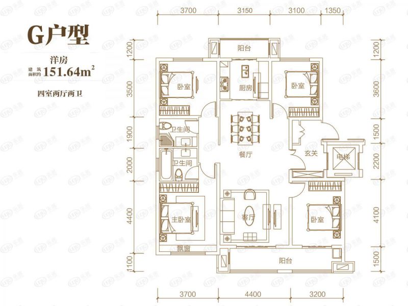 包頭裝修方案中梁·首府壹號(hào)院四室兩廳兩衛(wèi)151.64平方米